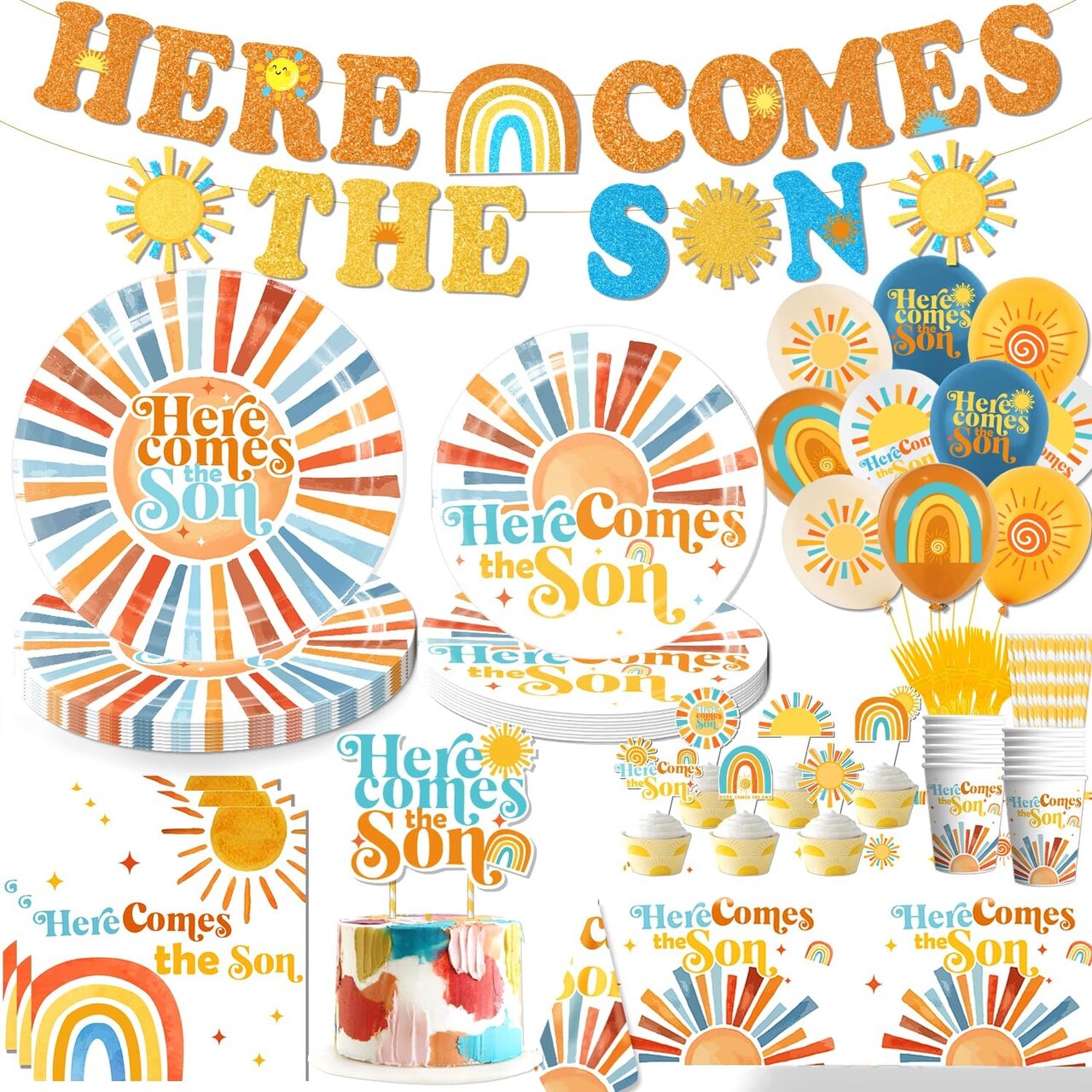 Here Comes the Son Baby Shower Set – Balloons, Cake Topper & Tableware for 25 Guests